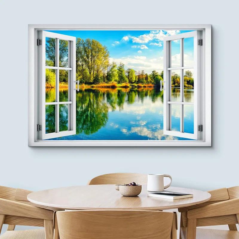 IDEA4WALL Window Scenery Green Peaceful Lake Natural Landscape Photography Pictures Canvas Print Wall Art
