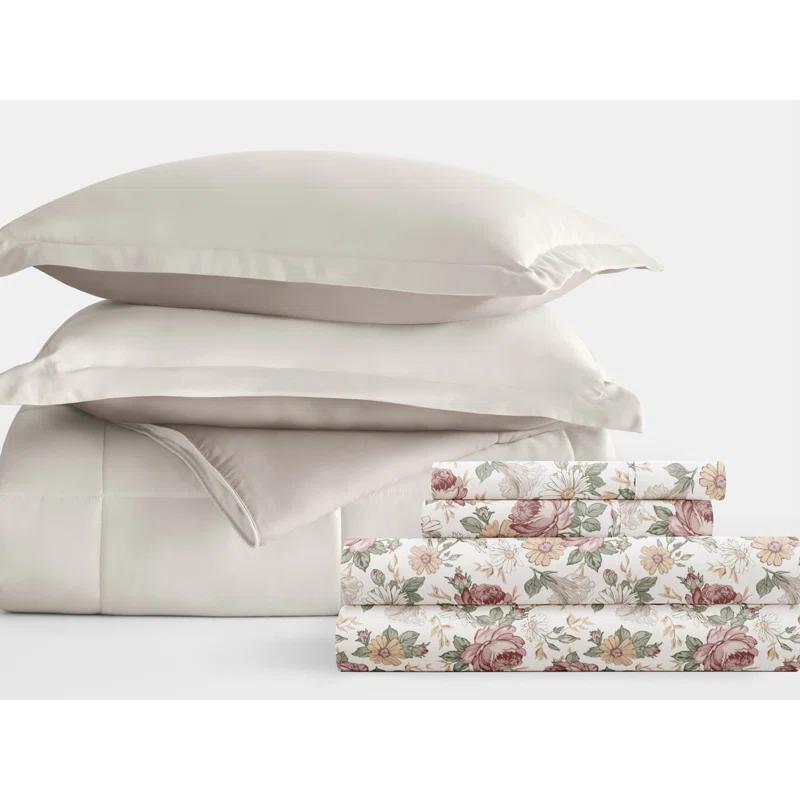 IEnjoy Home 7-Piece Reversible Bedding Bundle - Solid Comforter and Patterned Sheet Set