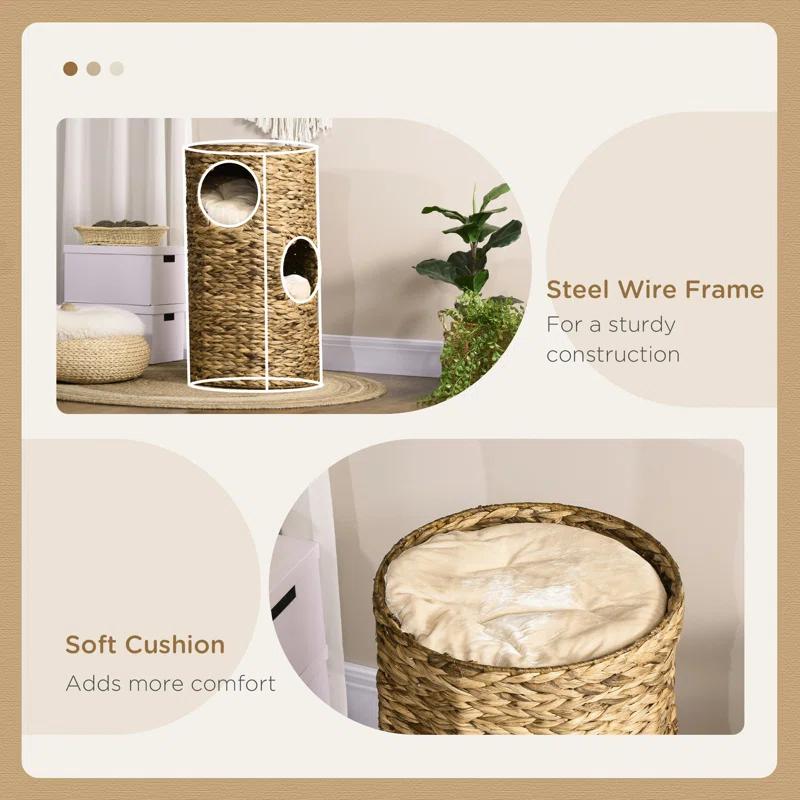 Ophelia & Co. Elevated Cat Bed With Three Hideaways & Four Soft Plush Cushions, Cat Tower With Hand-Woven Materials, Multi-Layer Raised Kitten Bed Caves