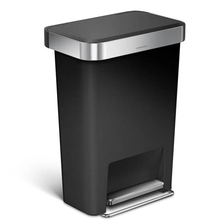 Simplehuman 45 Liter Rectangular Kitchen Trash Can with Liner Pocket, Black Plastic