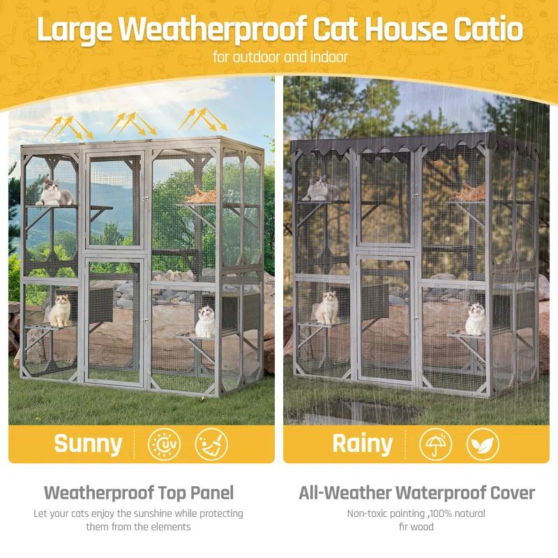 Gracie Oaks Outdoor Cat Enclosure with Roof 72" Height Cat Wooden House Large Cat Catio