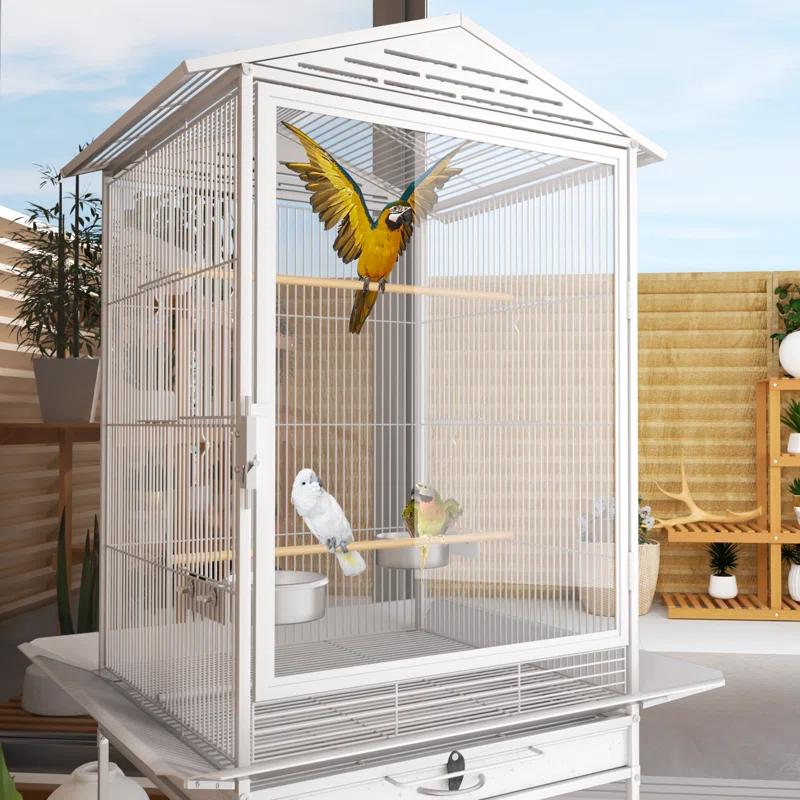 Bring Home Furniture Open Top Bird Cage with Play Area Removable Tray Wooden Perches, and Wheels Suitable for Small Birds Like Budgies Cockatiels and Parakeets
