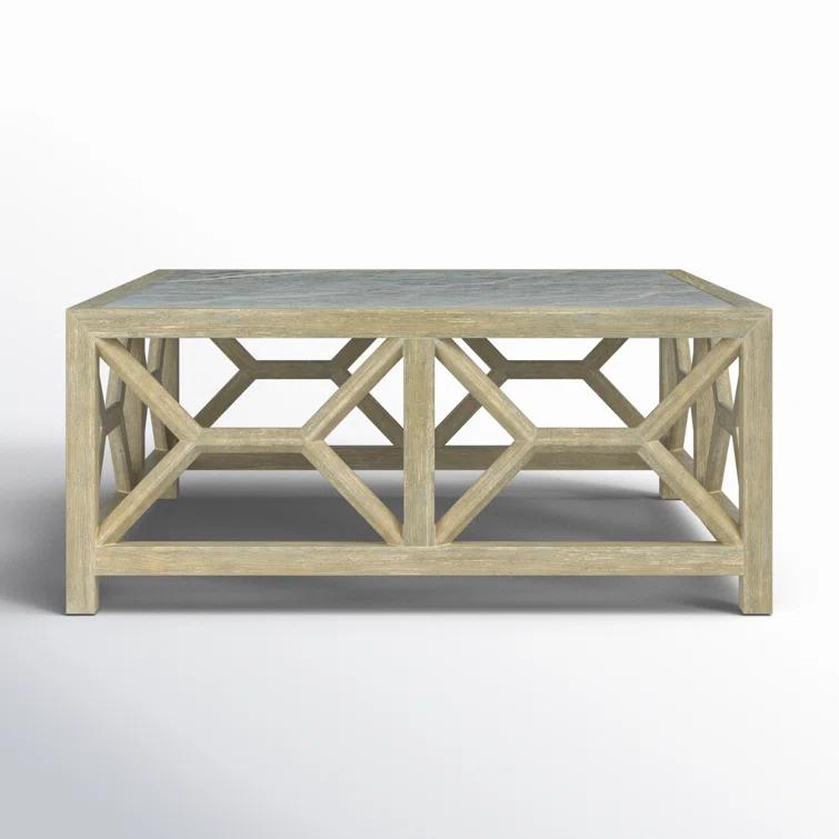 Driftwood Finish Square Wood Cocktail Table with Stone Veneer