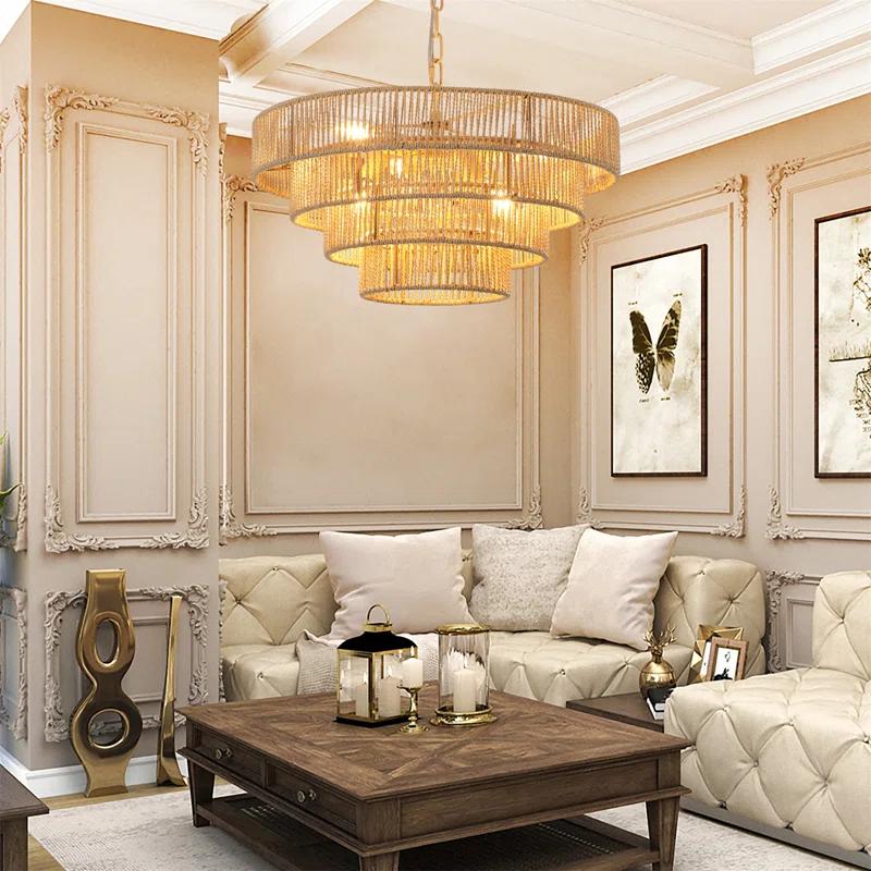 Rosecliff Heights Bohemian style Woven Pendant Light 19.7 Inch Rattan Ligh Large Rattan Pendant Light with 4-Tier Rattan Chandelier--Wood