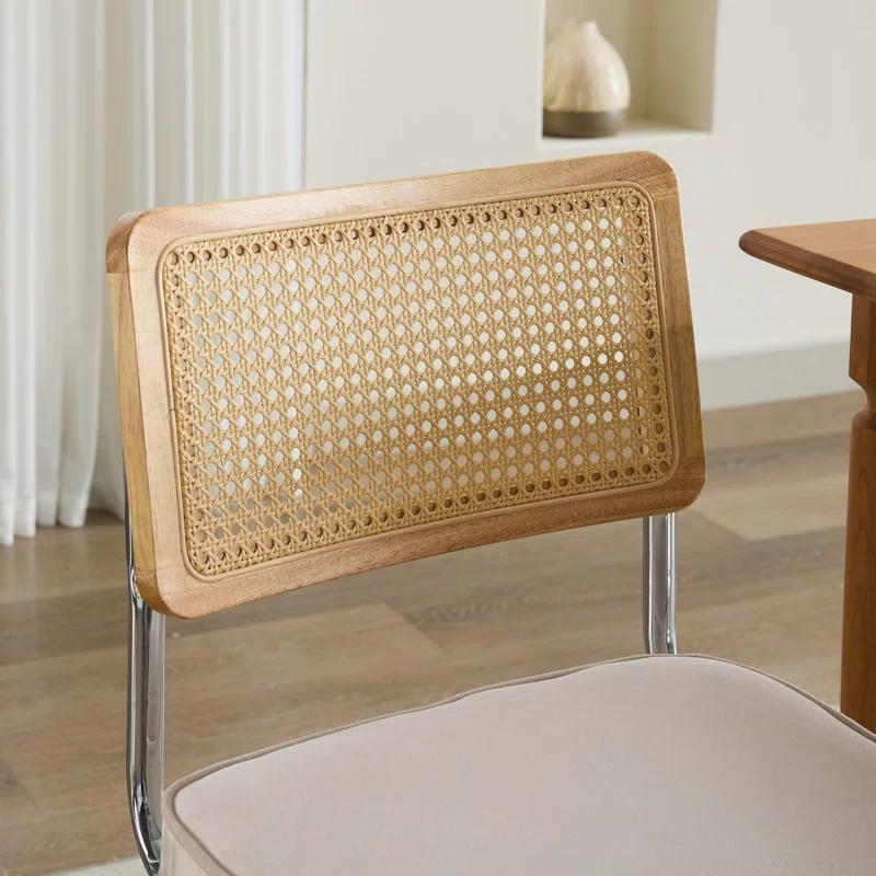 Orren Ellis Modern Dining Chairs Set Of 2, Velvet Accent Chairs With Natural Cane Back & Stainless Chrome Base, Famous Breuer Designed Chairs, Upholstered Rattan Kitchen Chairs