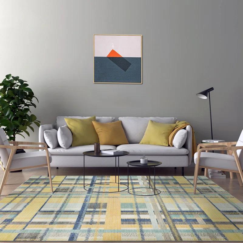 NELE Machine Washable Modern Lattice Area Rug Yellow/Blue Multi
