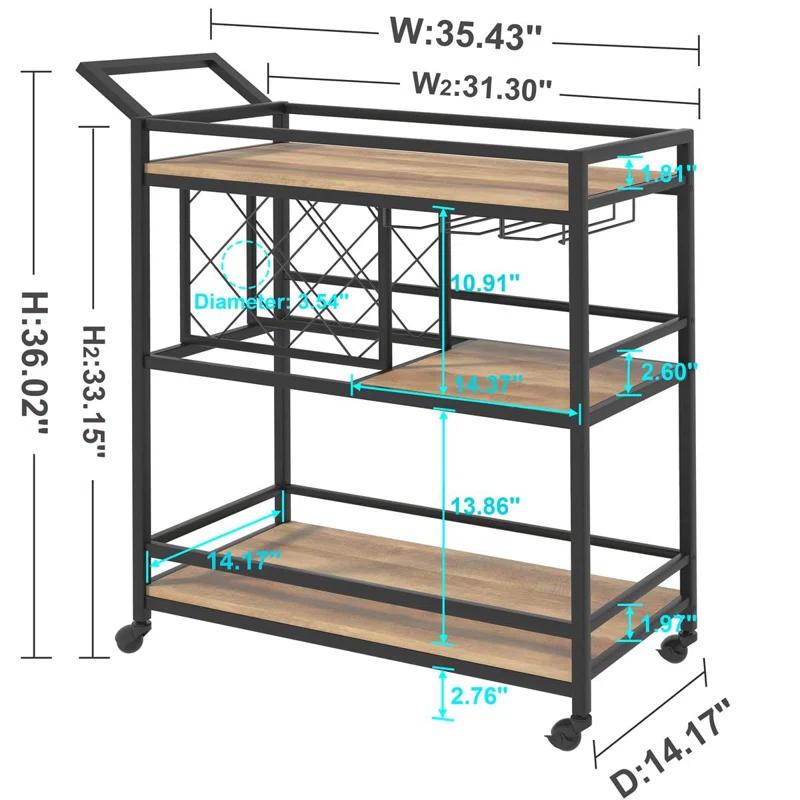 17 Stories Bar Cart For The Home, Rolling Wine Carts On Wheels With 3 Tier Wood Shelves, Liquor Beverage Cart With Wine Rack And Glass Holder