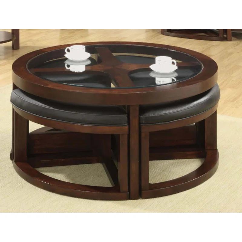 Hokku Designs Dark Walnut Coffee Table Glass Insert Top Ottoman Included Table Set Living Room Furniture