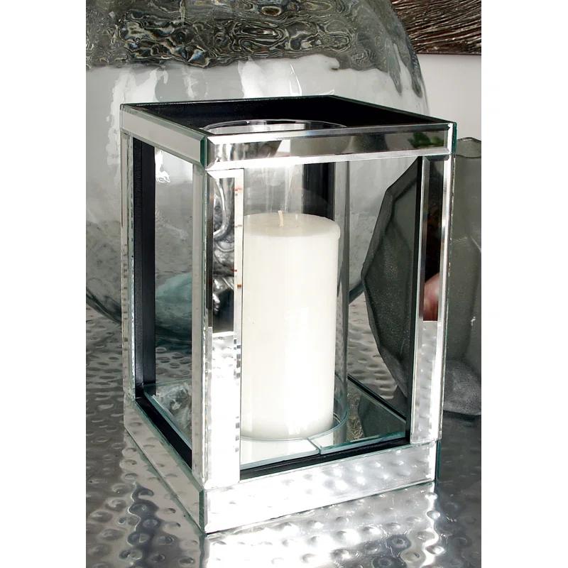 House of Hampton® Glass Pillar Silver Hurricane Lamp with Mirrored Accents