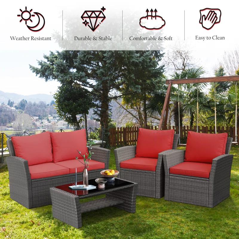 4 Piece Rattan Sofa Seating Group with Cushions
