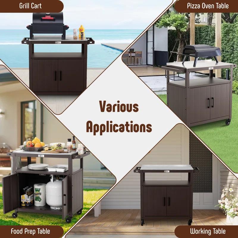 Feasto Feasto Outdoor Grill Cart with Stainless Steel Tabletop and Storage Cabinet, Movable Kitchen Island with Wheels for BBQ Food Prep