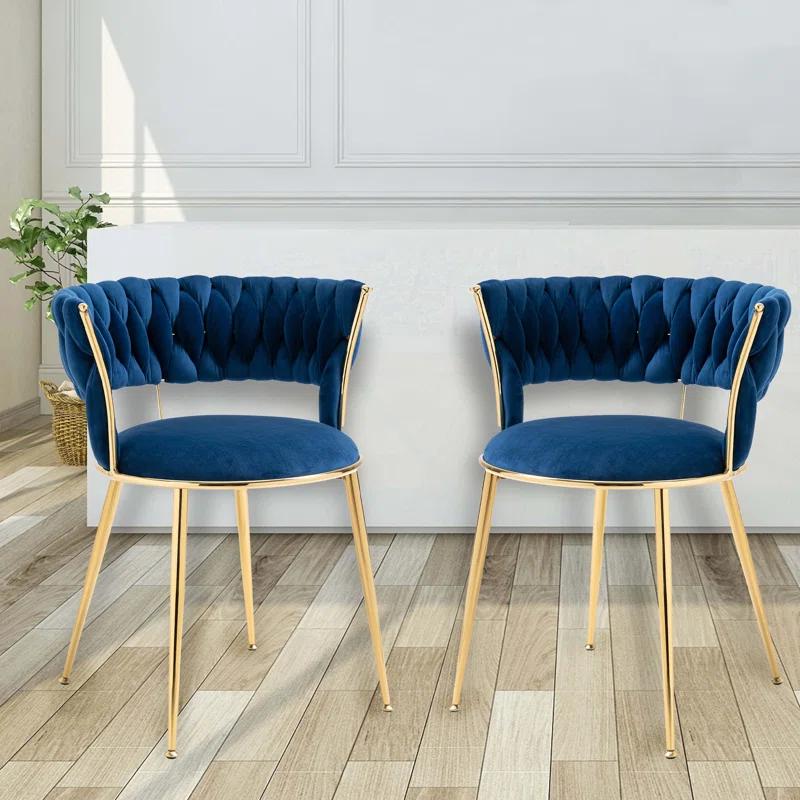 Mercer41 Dining Chairs Set of 2, Woven Upholstered Dining Chairs with Gold Metal Legs(Navy Velvet)