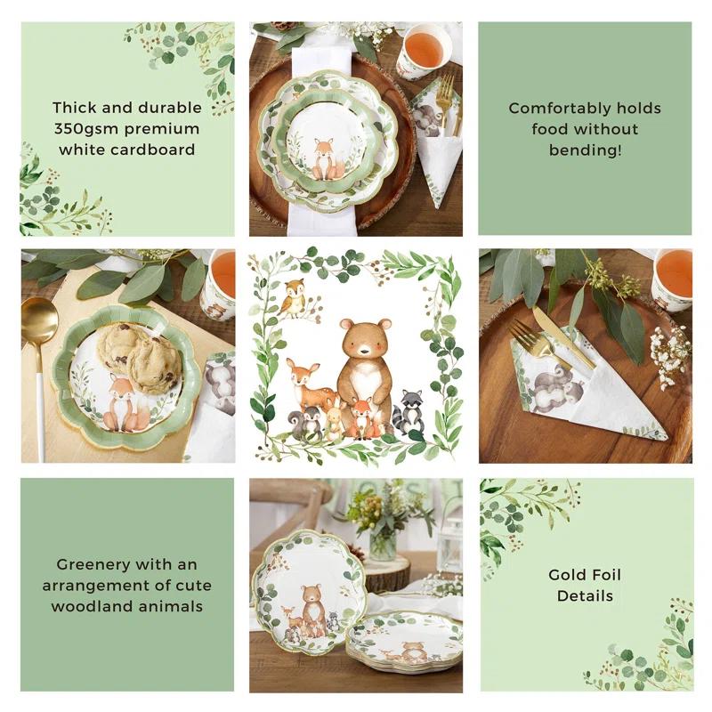 Kate Aspen Kate Aspen Woodland Baby Shower Decorations; 78-Piece Disposable Party Plates; Cups & Napkins Set for 16 Guests – Adorable Woodland Animals Theme, Table Decor; Birthday; Gender Neutral Party (Set of 78)