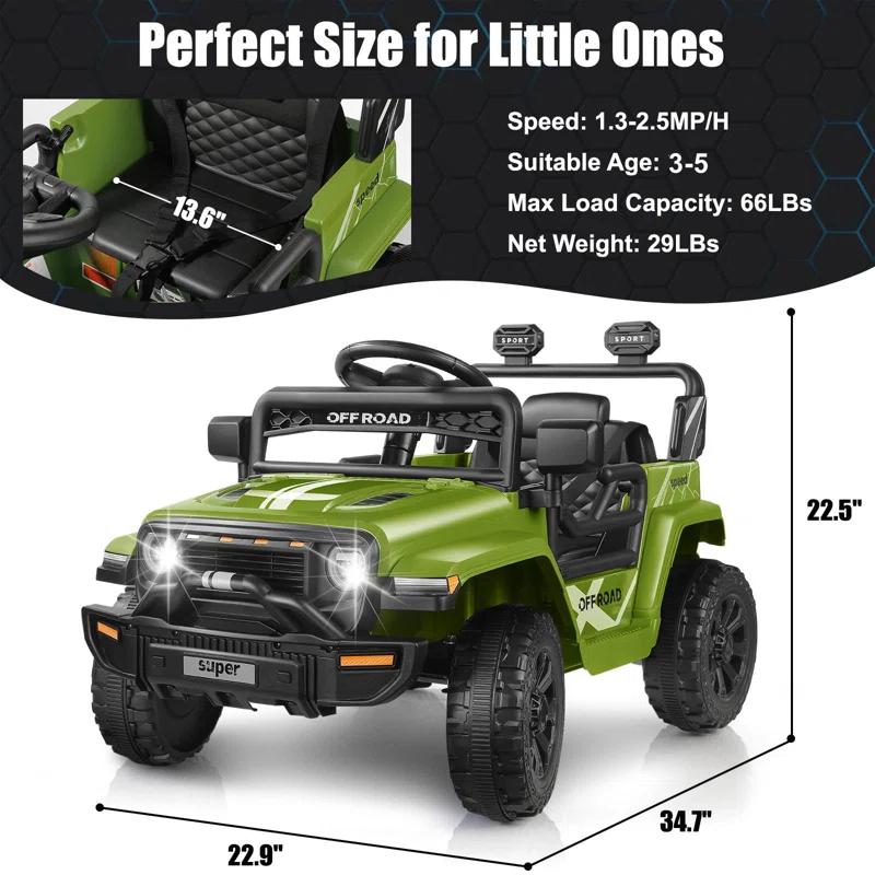 Himimi 12V Ride On Toys For Kids With Remote Control, 1 Seater Kids Electric Car Jeep,LED Lights, Multi-Speed Transmission, MP3 Player