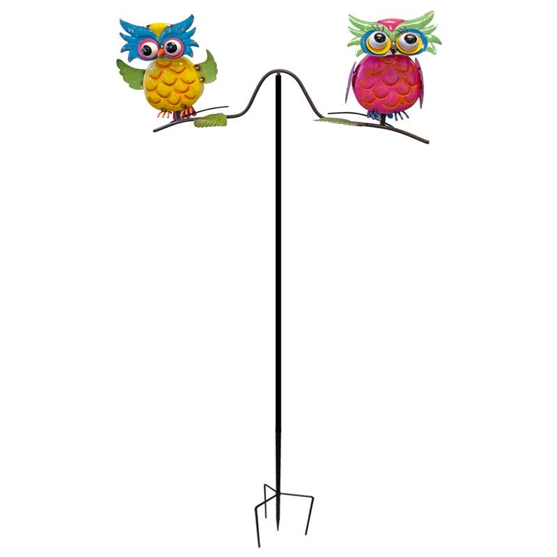 Metal Enameled Two Owls Spinning Balancer Garden Stake