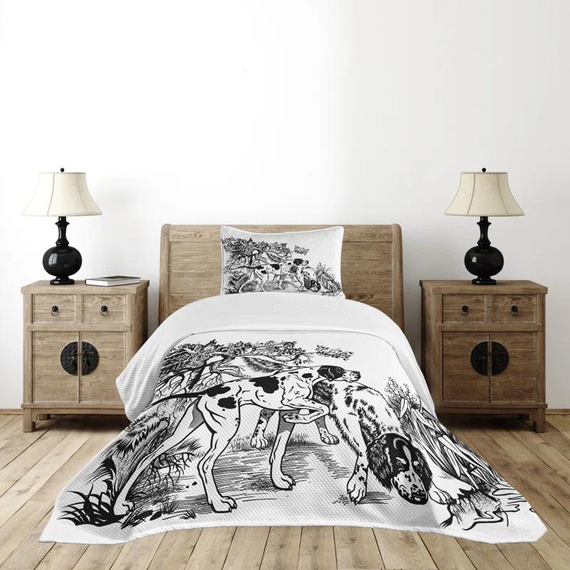 Ambesonne Ambesonne Hunting Bedspread Dogs in Forest Black White