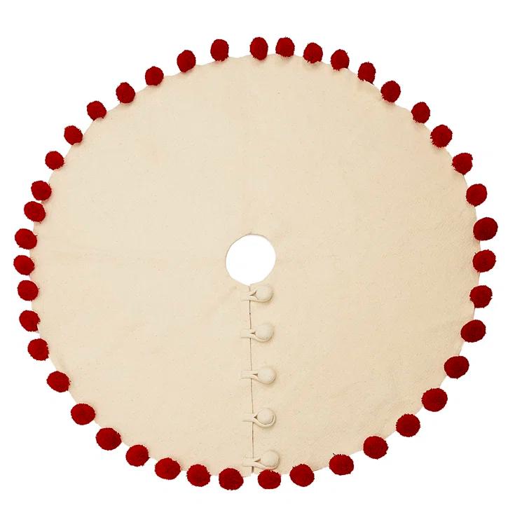 Pom Poms Red Pom Poms on Cream Handmade Felt Christmas Tree Skirt - - 63"