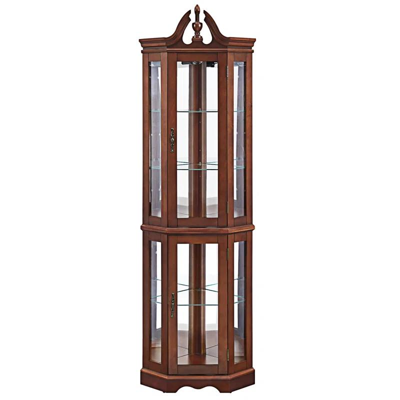 wendeway Walnut Corner Curio Cabinet With Lights,Adjustable Tempered Glass Shelves, Mirrored Back, Display Cabinet,Sideboard,Bookshelf