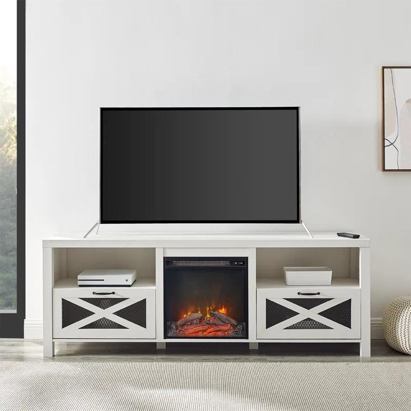 Gracie Oaks Industrial 70" tv stand with fireplace for 80" TVs, media center, tv console