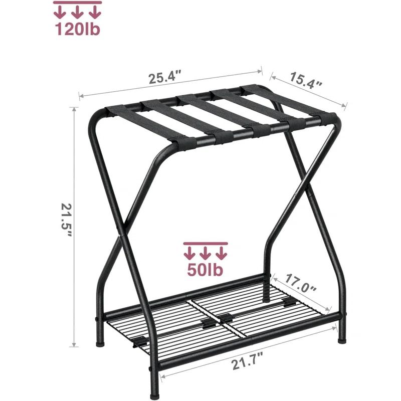 A Home Rack Set Of 2, Foldable Suitcase Stand With Storage Shelf, Metal Luggage Holder For Guest Room, Bedroom