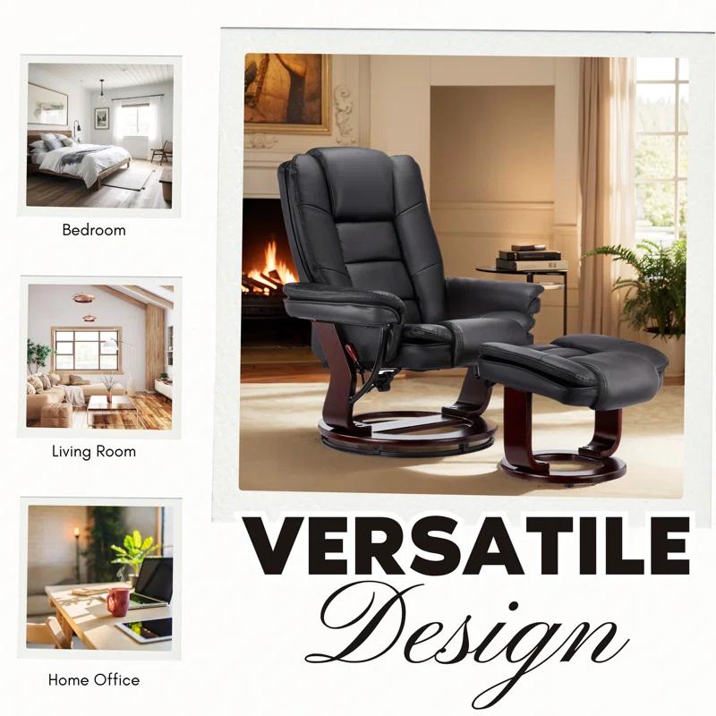 Snugway 32" Contemporary Leather Recliner and Ottoman with Swiveling Mahogany Wood Base