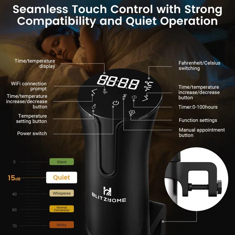 BlitzHome 1100W Sous Vide Cooker with Temperature Setting, Timer, Breath Light Reminder Function