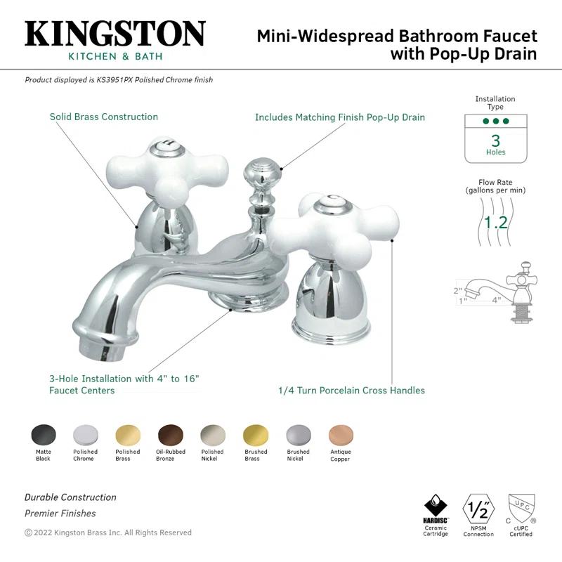 Kingston Brass KS3951PX Kingston Brass Restoration Two-Handle 3-Hole Deck Mount Mini-Widespread Bathroom Faucet with Brass Pop-Up