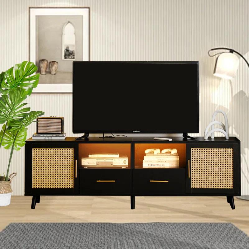 Bay Isle Home™ Heyer Large Wood Rattan TV Stand for TVs up to 75" with LED Light and Charging Station, Coastal Media Console Table, Multimedia Storage Furniture with 2 Drawers, Lighting TV Cabinet