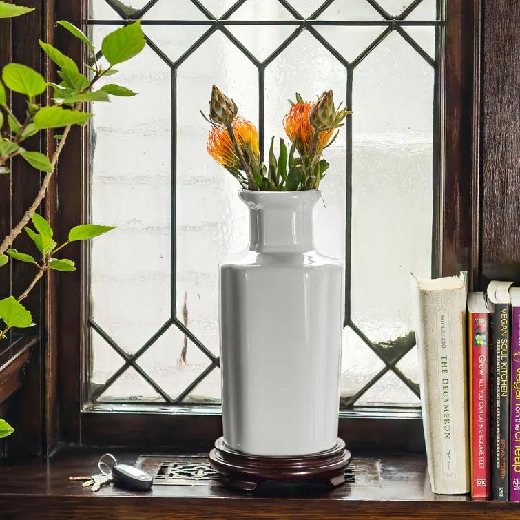 Oriental Furniture 12" Floral Blue & White Porcelain Vase, living room
