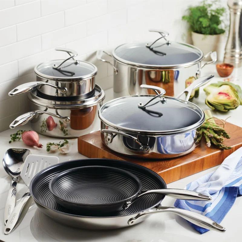 Circulon Circulon Clad Stainless Steel Cookware and Utensil Set with Hybrid SteelShield Nonstick, 12-Piece