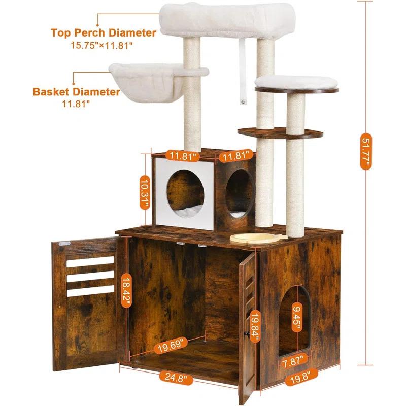 Wood Litter Box Enclosure with Food Station, All-in-one Indoor Cat Furniture with Large Platform and Condo