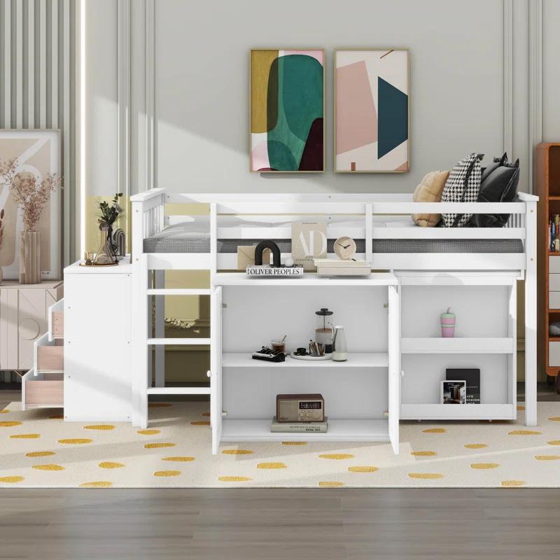 Harriet Bee Twin Loft Bed With Storage Cabinet, Drawer And Shelf Cabinet And Pulling-Out Desk