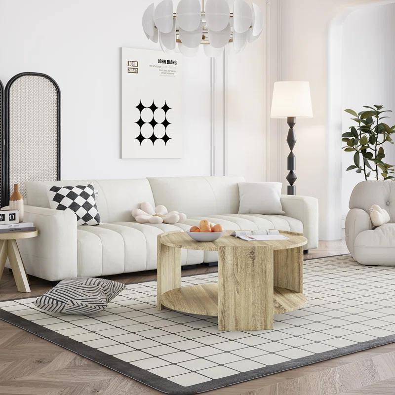 Ebern Designs Michaelee Round Coffee Table, 36" Rustic Modern Circle Coffee Tables with 2 Tier Storage Shelf, Cocktail Table for Living Room Apartment