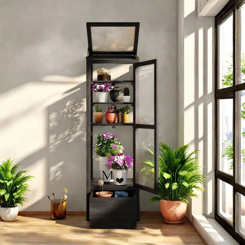 mosaicmotifco Wood Garden Greenhouse Balcony Portable Mini Cold Frame With Movable Storage Box, Adjustable Shelves And 1 Drawer