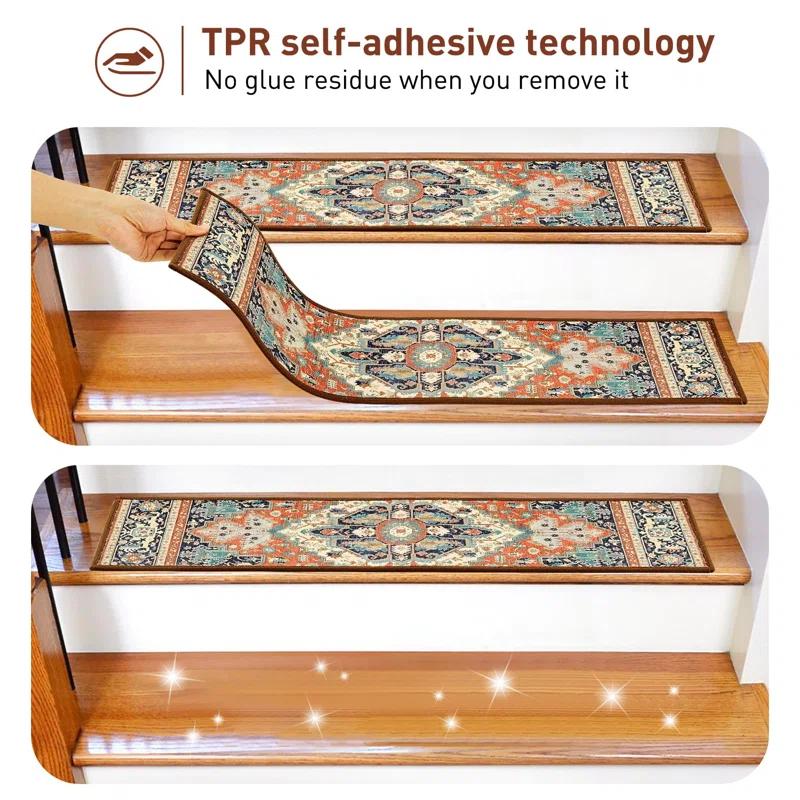 Bungalow Rose Stair Treads For Wooden Steps Indoor, 15 Pack 8" X 30" Non Slip Carpet Stair Treads With Reusable Adhesive For Kids Elders And Dogs, TPR Backing Stair Rugs Oriental Staircase Step Treads,Bohemia