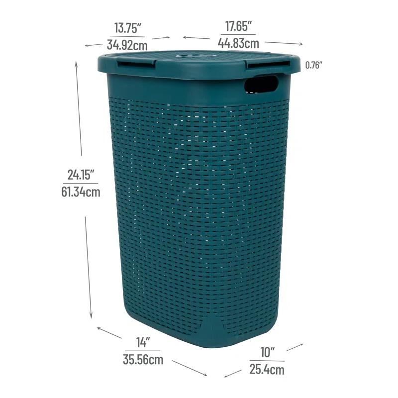 The Twillery Co.® 60L Slim Laundry Hamper, Clothes Basket, Lid, Wicker Style, Plastic