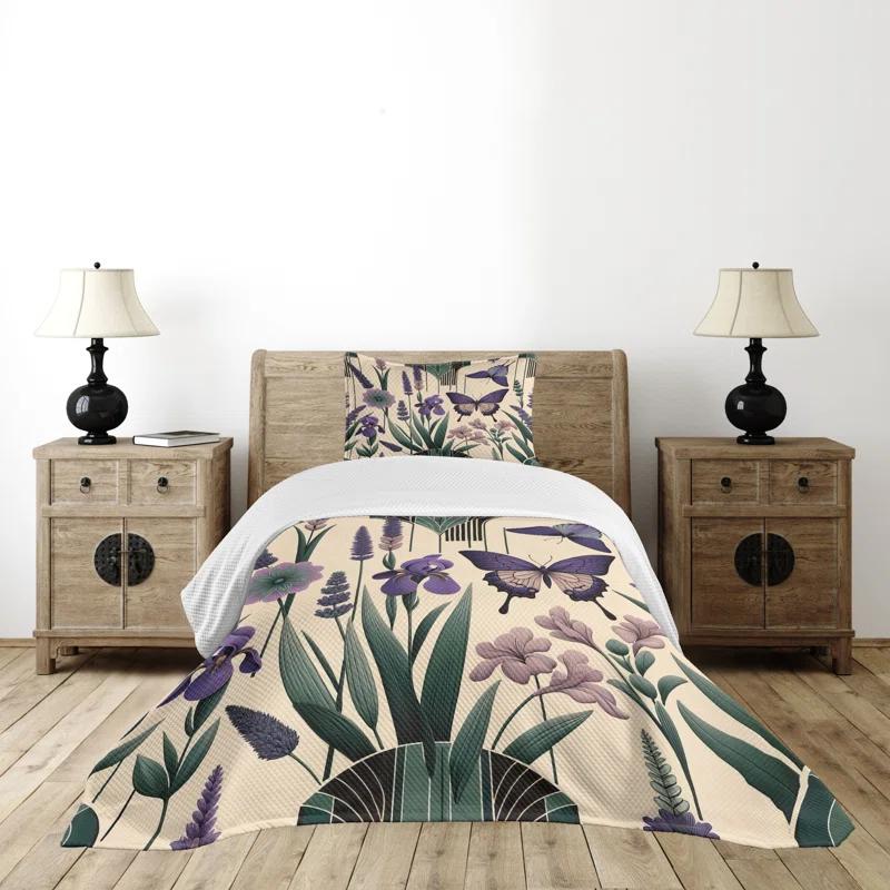 Ambesonne Ambesonne Lavender Bedspread Set Witchy Feels Modern Leaves Peach Dark Purple Green