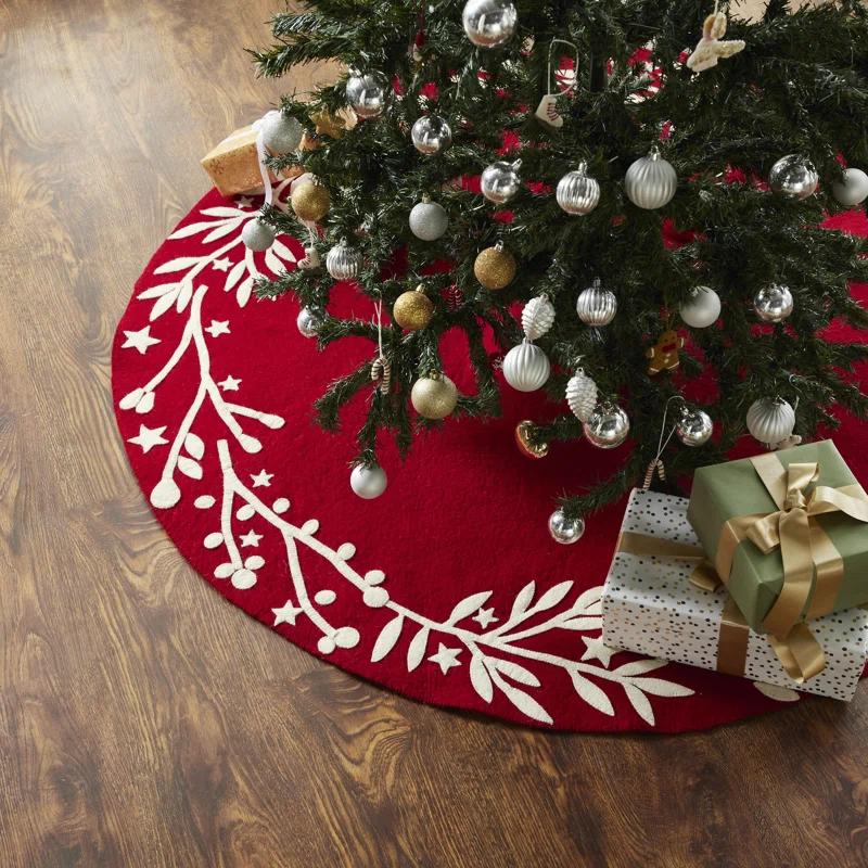 Arcadia Home Handmade Christmas Tree Skirt in Felt - Branches and Stars on Red