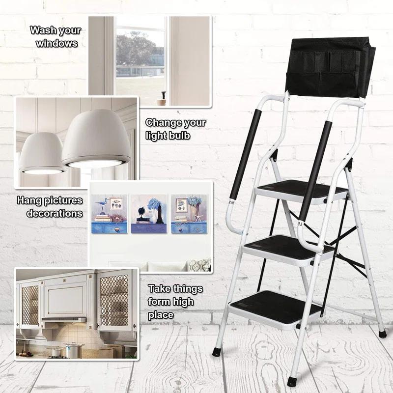 WFX Utility™ 3-Step Ladder With Handrails - 500 Lb Capacity Folding Stepladder With Wide Non-Slip Pedals, Safety Rails, And Tool Bag