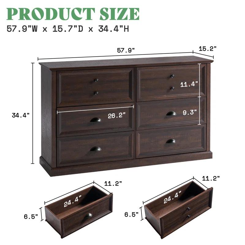 Winston Porter 58" Farmhouse 6 Drawer Dresser