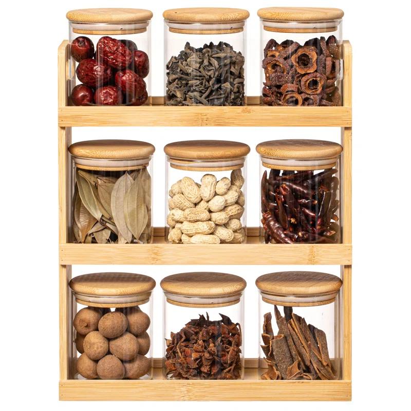 Rebrilliant Rebrilliant Versatile 3-tier Bamboo Spice Rack And Pantry Organizer With 9 Glass Jars – Perfect For Countertop Storage In Kitchens To Keep Seasoning Containers Neatly Displayed And Easily Accessible