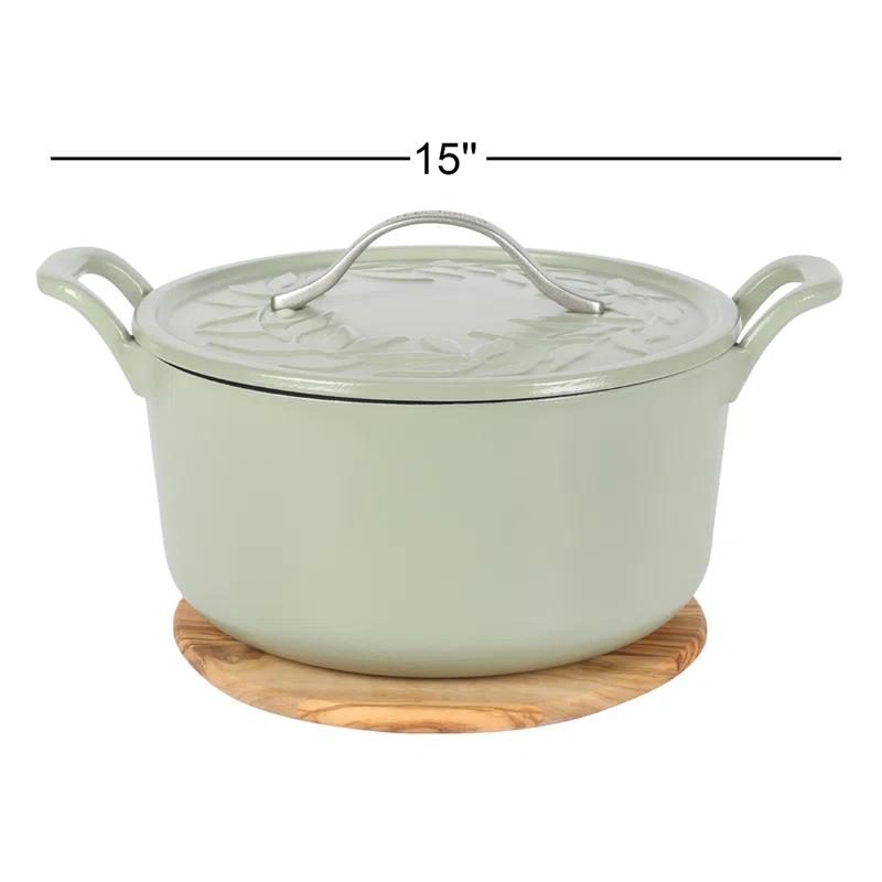 Bloomhouse 7 Qt Cast Iron Dutch Oven w/ Lid, European Enamel, & Walnut Wood Trivet - Oat White