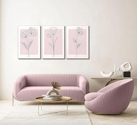 Lark Manor™ 3 Pieces Minimalism Botanical Canvas Wall Art Pink Flowers Line Plants Pictures Wall Decor Posters Print Artwork For Girls' Room Living Room Bedroom Bathroom Office Home Decoration