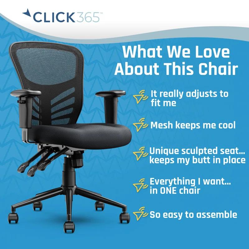 CLICK365 Click365 Flow Mid Back Mesh Office Chair, Extra Padded Seat Cushion, Adjustable Armrest Back Height