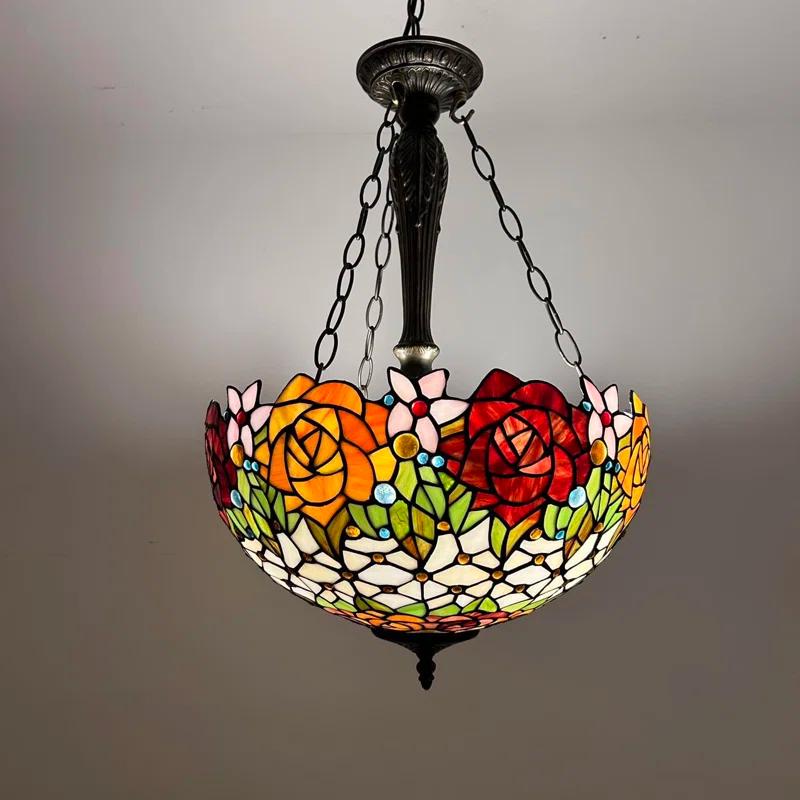 ENJOY DECOR LAMPS Tiffany Chandeliers Pendant Lamps Red Orange Stained Glass Rose Flowers LED Bulbs 16"W*16"D*60"H