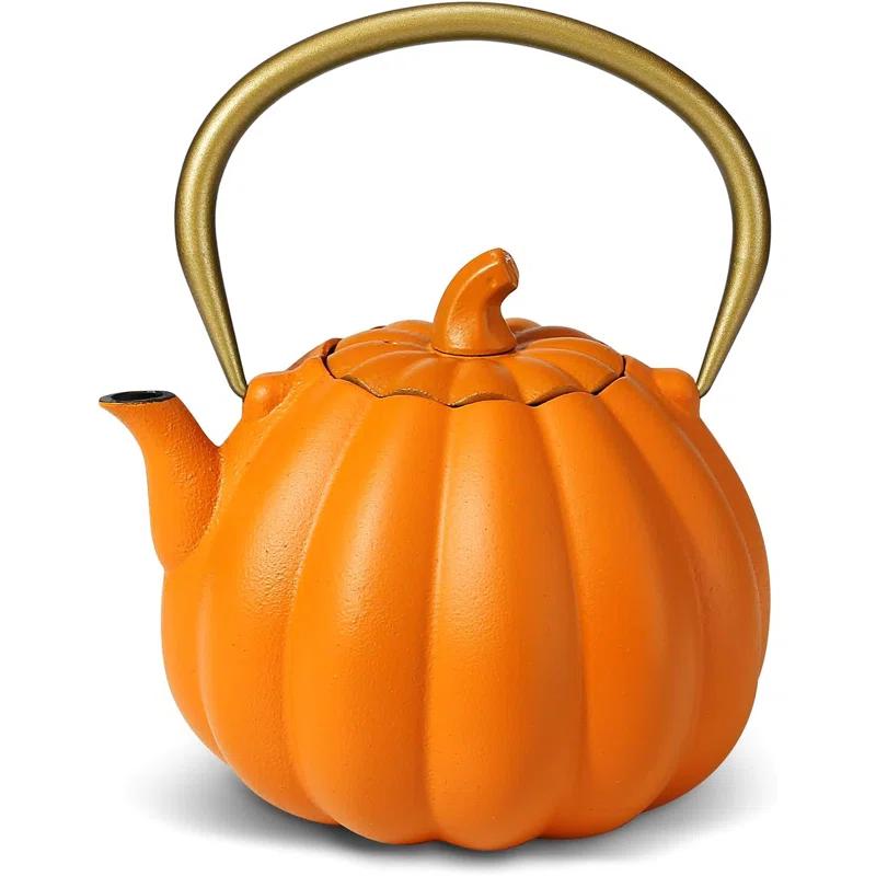 Ophelia & Co. Orange Pumpkin Cast Iron Teapot, Natural Pumpkin Color, Japanese Cast Iron Tea Kettle Stovetop Safe With Infuser, Creative Pumpkin Halloween Teapot(40Oz/1200Ml, Orange)