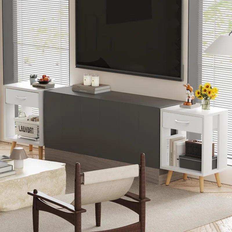 17 Stories Nightstands Set Of 2 With Fabric Storage Drawer And Open Wood Shelf, Side Table With Storage For Bedroom, Bedside Tables - 23.7" H