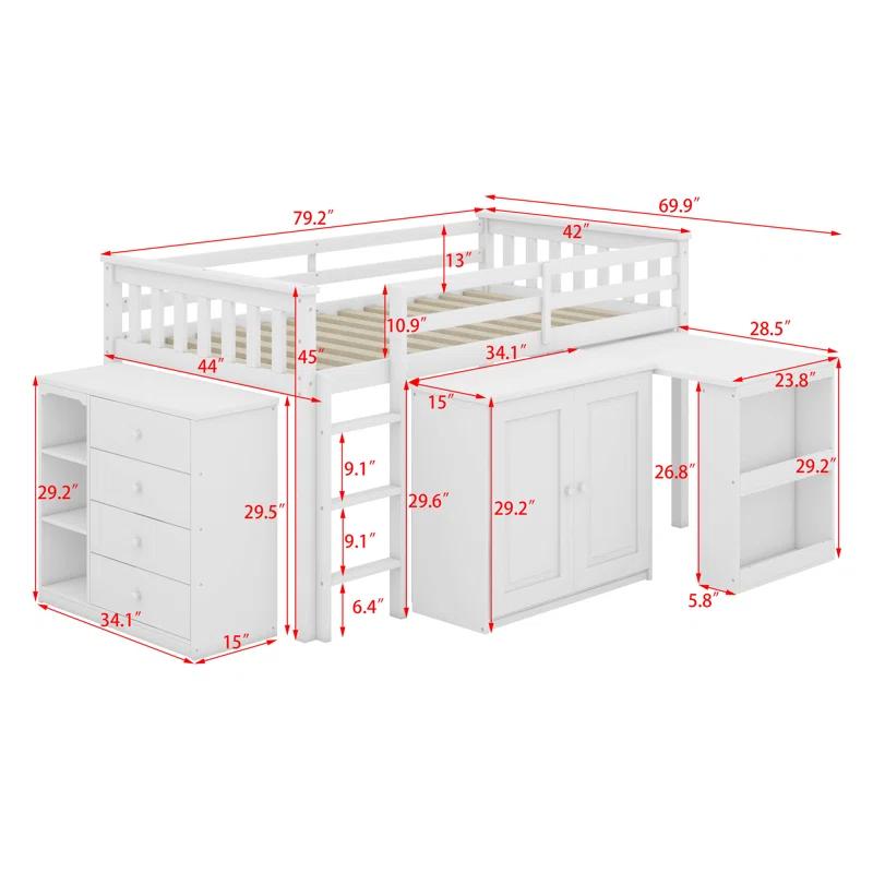 Harriet Bee Twin Loft Bed With Storage Cabinet, Drawer And Shelf Cabinet And Pulling-Out Desk