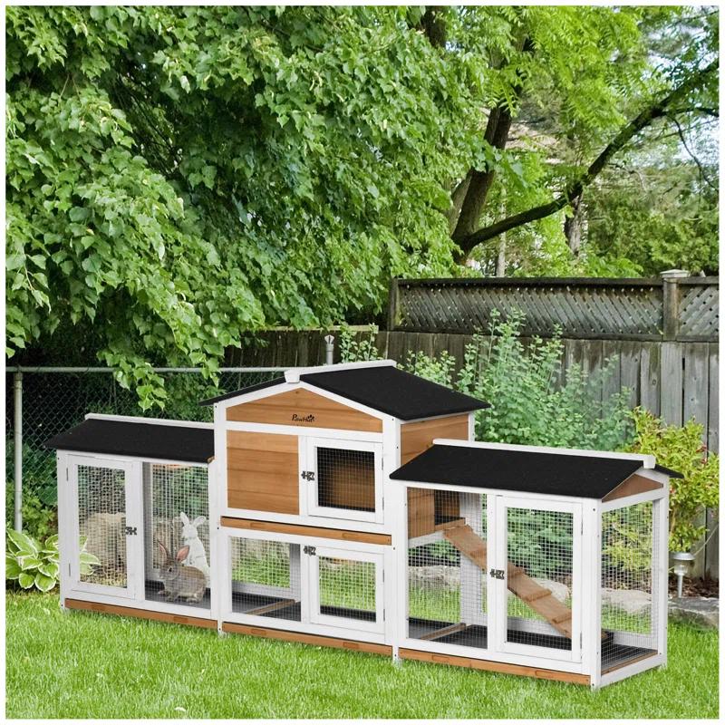 One Allium Way® 90.5" Wooden Rabbit Hutch Bunny Cage Pet Playpen House Enclosure with Double Side Run Boxes, No Leak Tray, Ramp, for Guinea Pig and Small Animals