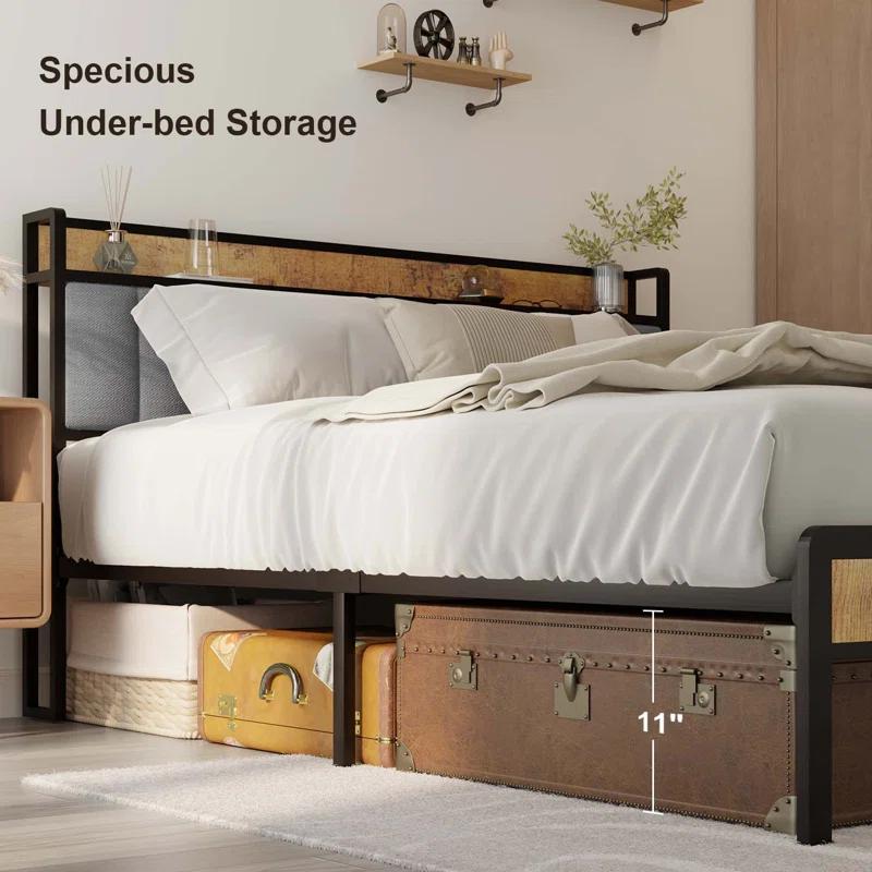 17 Stories Kewarra Platform, Metal Bed Frame with Storage Headboard, Sturdy and Stable